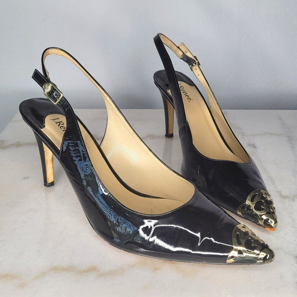 J. Renee Black Patent Slingback Heels with Gold Toe Cap – Size 12